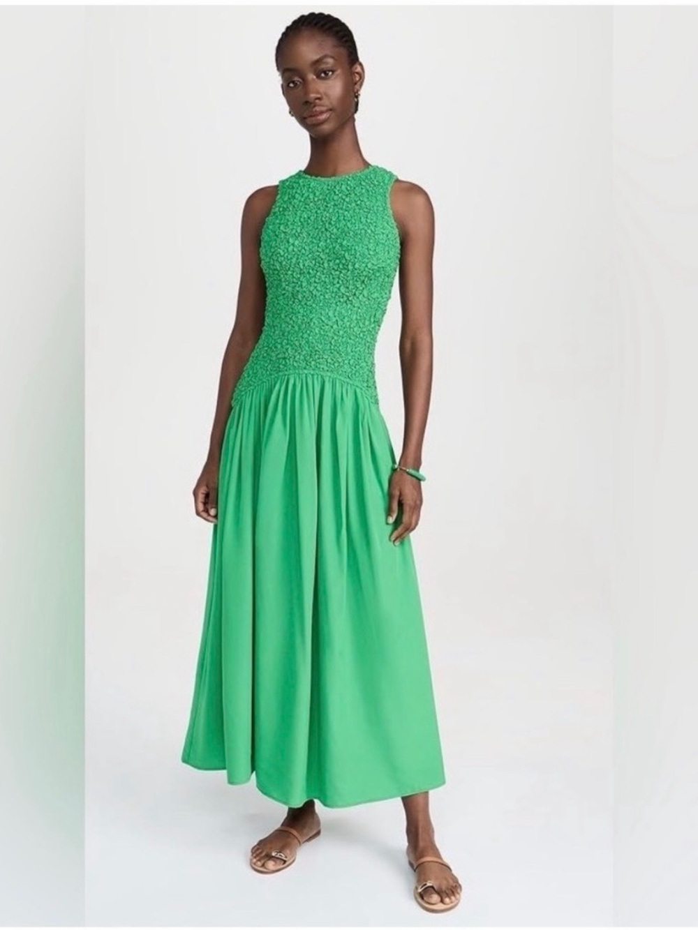 Sleeveless Green Textured Bodice Midi Dress